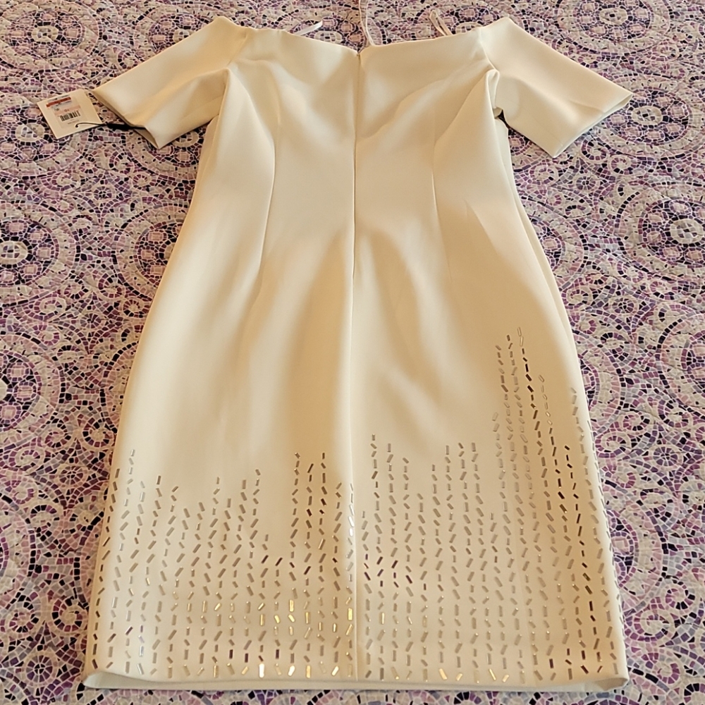 Calvin Klein Off-Shoulder Cream Midi Dress - Picture 2 of 9